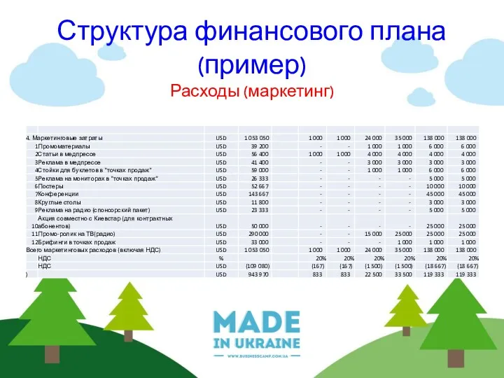 Структура финансового плана (пример) Расходы (маркетинг)