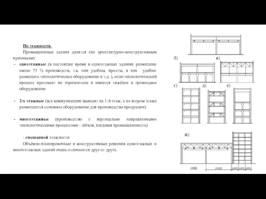 По этажности. Промышленные здания делятся (по архитектурно-конструктивным признакам): одноэтажные (в