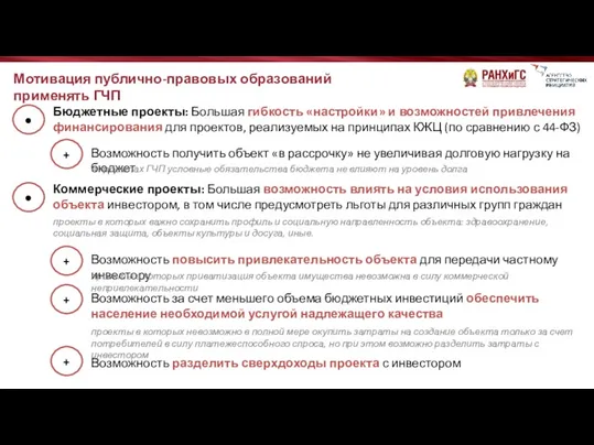 Мотивация публично-правовых образований применять ГЧП ● Коммерческие проекты: Большая возможность