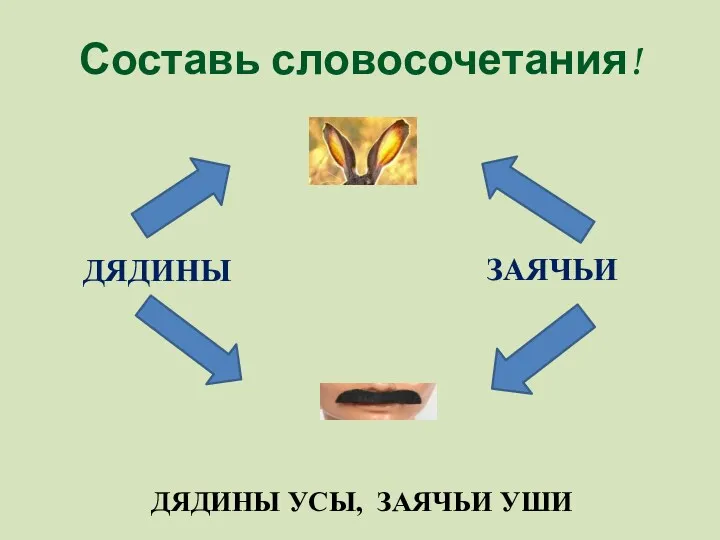 Составь словосочетания! ДЯДИНЫ ЗАЯЧЬИ ДЯДИНЫ УСЫ, ЗАЯЧЬИ УШИ