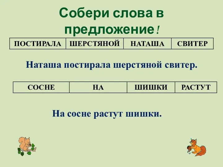 Собери слова в предложение! Наташа постирала шерстяной свитер. На сосне растут шишки.