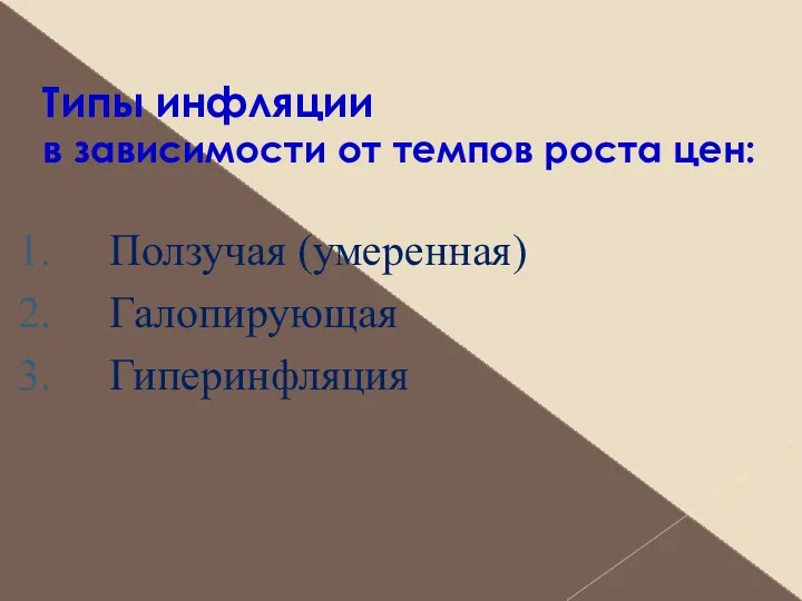 Типы инфляции в зависимости от темпов роста цен: Ползучая (умеренная) Галопирующая Гиперинфляция