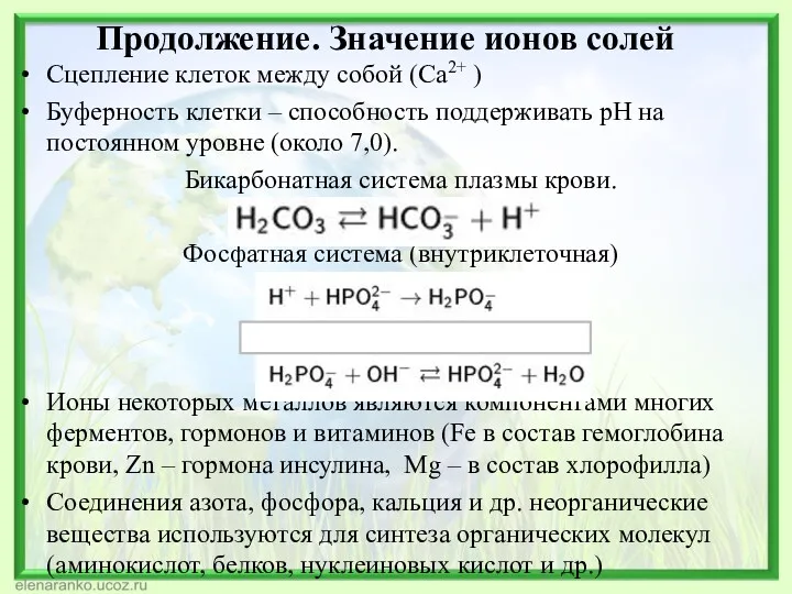 Продолжение. Значение ионов солей Сцепление клеток между собой (Ca2+ )