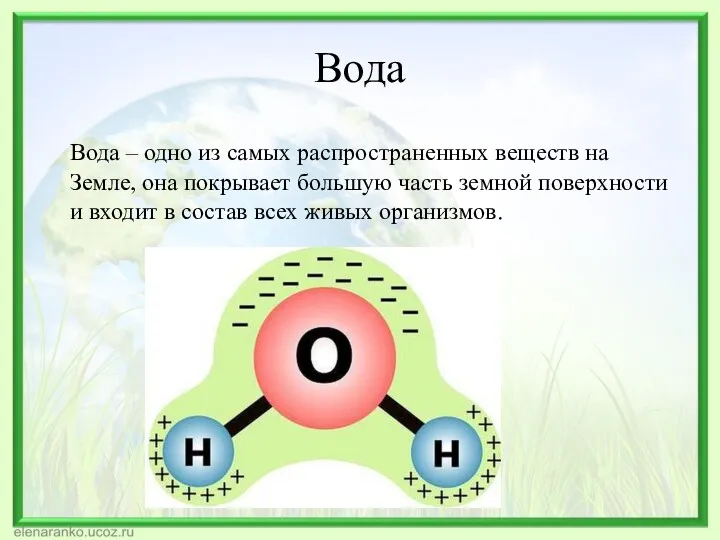 Вода Вода – одно из самых распространенных веществ на Земле,