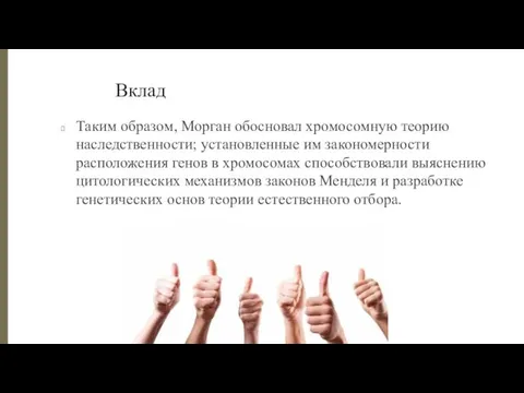 Вклад Таким образом, Морган обосновал хромосомную теорию наследственности; установленные им