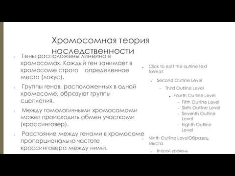 Хромосомная теория наследственности Гены расположены линейно в хромосомах. Каждый ген