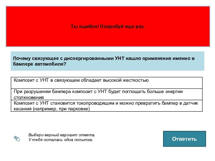 Выбери верный вариант ответа. У тебя осталась одна попытка. Почему