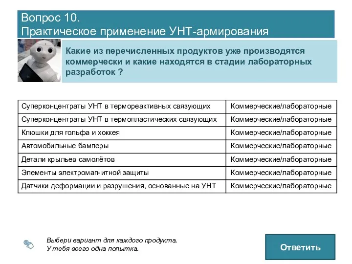 Вопрос 10. Практическое применение УНТ-армирования Выбери вариант для каждого продукта.