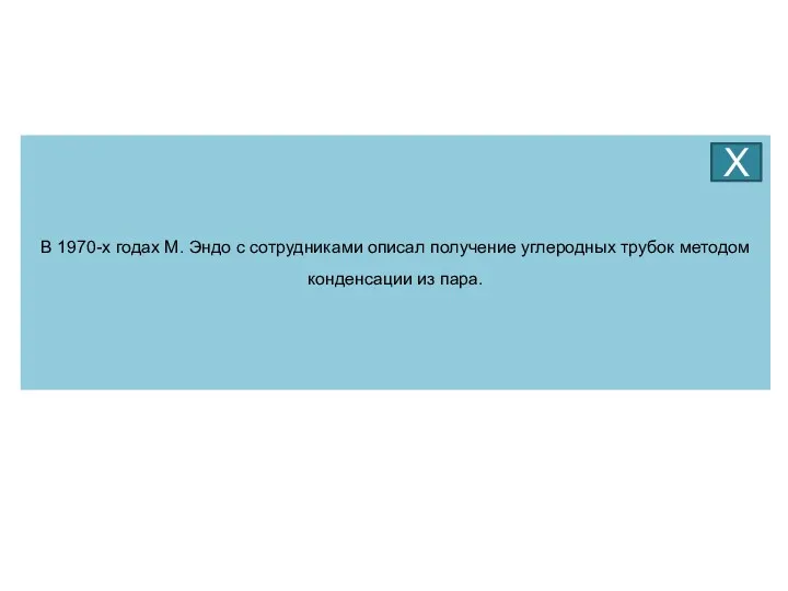 В 1970-х годах М. Эндо с сотрудниками описал получение углеродных трубок методом конденсации из пара. Х