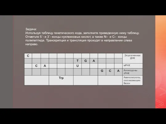 Задача: Используя таблицу генетического кода, заполните приведенную нижу таблицу. Отметьте