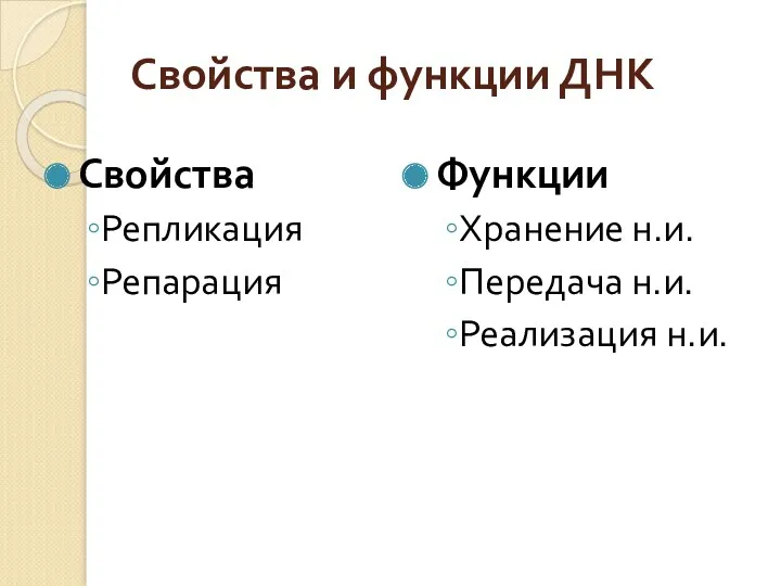 Свойства и функции ДНК Свойства Репликация Репарация Функции Хранение н.и. Передача н.и. Реализация н.и.