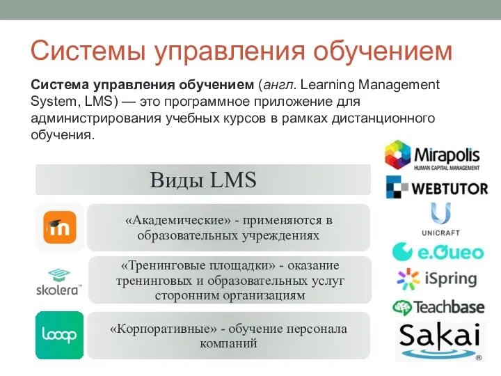 Системы управления обучением Система управления обучением (англ. Learning Management System,