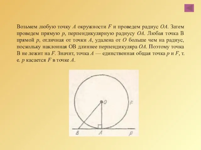 Возьмем любую точку А окружности F и проведем радиус ОА.