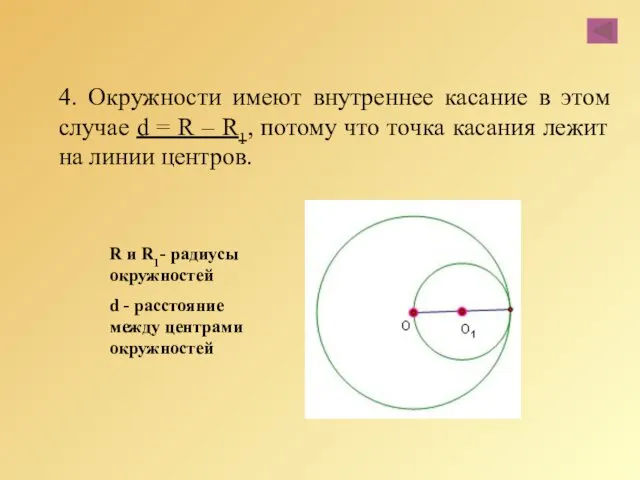 4. Окружности имеют внутреннее касание в этом случае d =