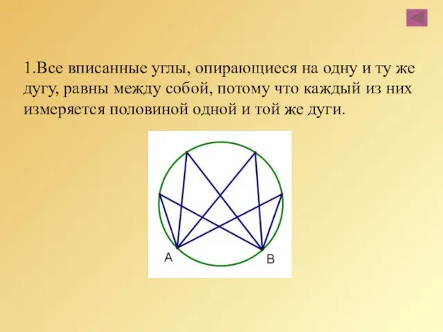 1.Все вписанные углы, опирающиеся на одну и ту же дугу,