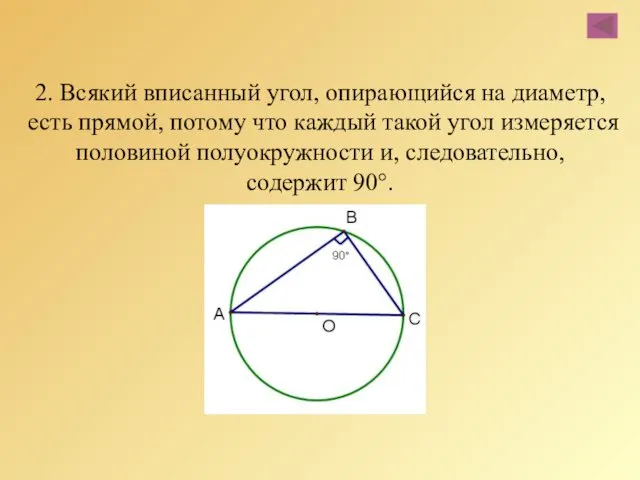 2. Всякий вписанный угол, опирающийся на диаметр, есть прямой, потому