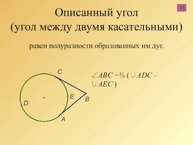 Описанный угол (угол между двумя касательными) равен полуразности образованных им