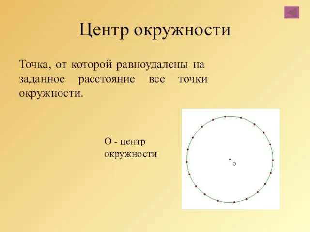 Центр окружности Точка, от которой равноудалены на заданное расстояние все точки окружности. О - центр окружности