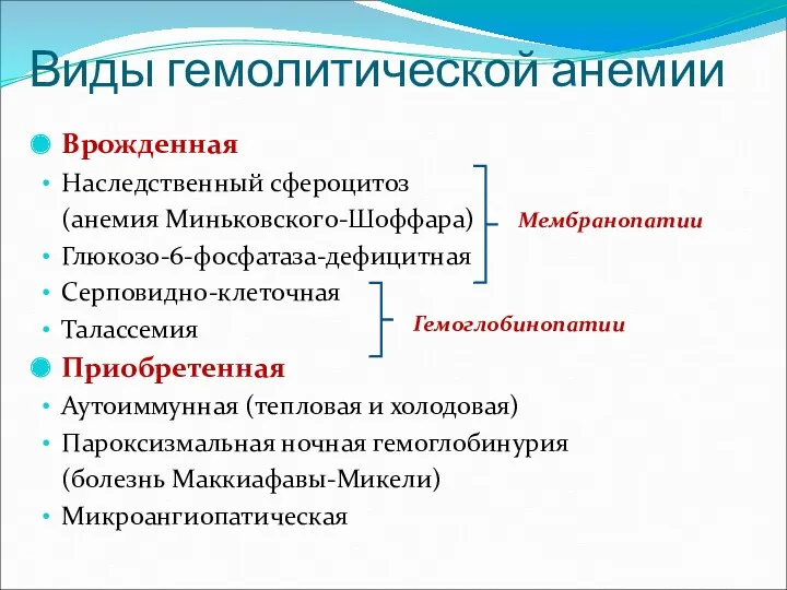 Виды гемолитической анемии Врожденная Наследственный сфероцитоз (анемия Миньковского-Шоффара) Глюкозо-6-фосфатаза-дефицитная Серповидно-клеточная