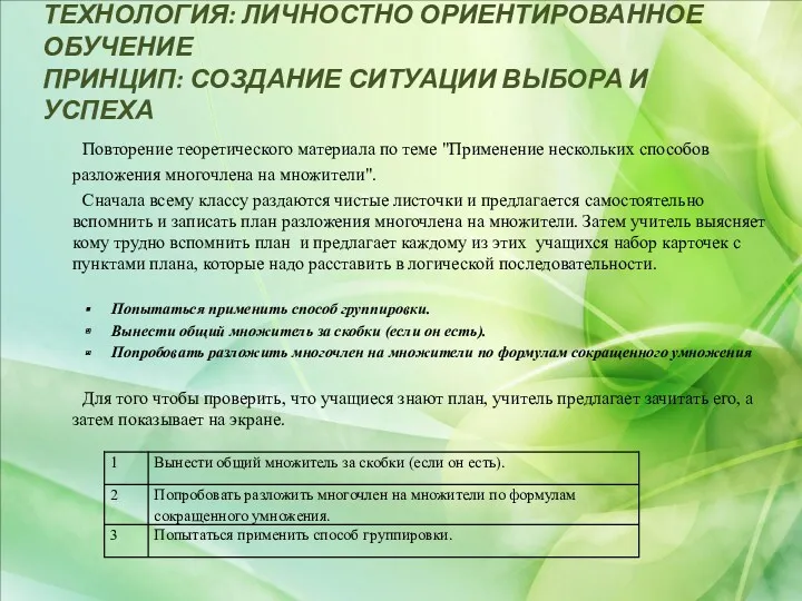 ТЕХНОЛОГИЯ: ЛИЧНОСТНО ОРИЕНТИРОВАННОЕ ОБУЧЕНИЕ ПРИНЦИП: СОЗДАНИЕ СИТУАЦИИ ВЫБОРА И УСПЕХА