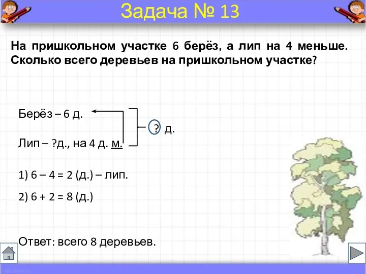 На пришкольном участке 6 берёз, а лип на 4 меньше.