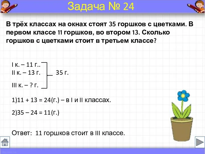 В трёх классах на окнах стоят 35 горшков с цветками.