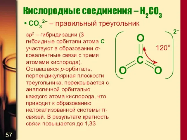 Кислородные соединения – H2CO3 СО32– – правильный треугольник sp2 –