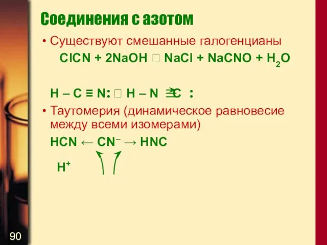 Соединения с азотом Существуют смешанные галогенцианы ClCN + 2NaOH 