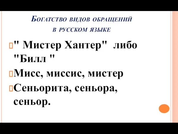 Богатство видов обращений в русском языке " Мистер Хантер" либо
