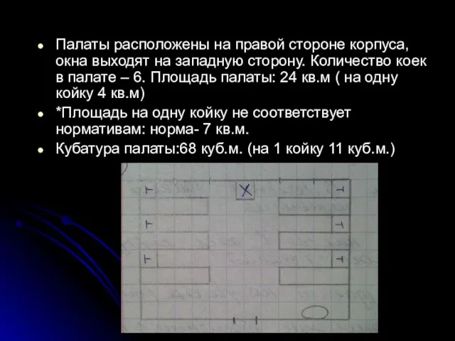 Палаты расположены на правой стороне корпуса, окна выходят на западную сторону. Количество коек