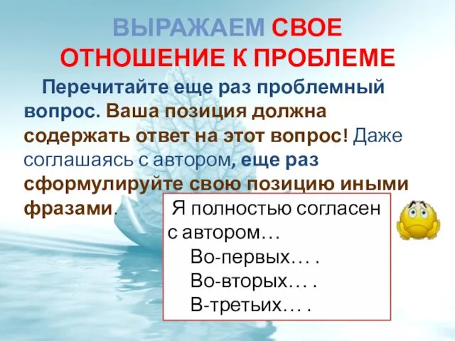 ВЫРАЖАЕМ СВОЕ ОТНОШЕНИЕ К ПРОБЛЕМЕ Перечитайте еще раз проблемный вопрос.