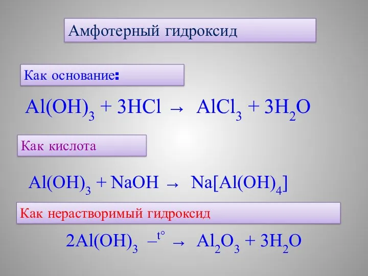 Амфотерный гидроксид Как основание: Al(OH)3 + 3HCl → AlCl3 +