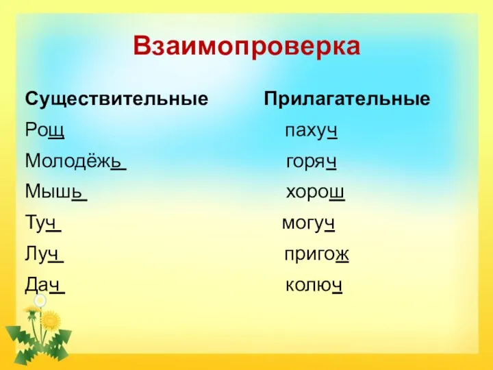 Взаимопроверка Существительные Прилагательные Рощ пахуч Молодёжь горяч Мышь хорош Туч могуч Луч пригож Дач колюч