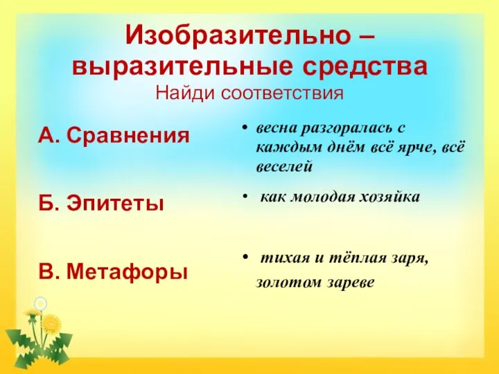 Изобразительно – выразительные средства Найди соответствия А. Сравнения Б. Эпитеты