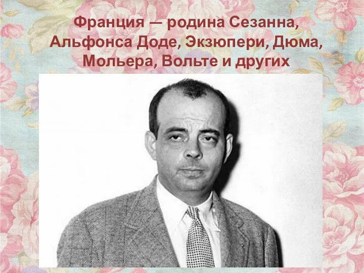 Франция — родина Сезанна, Альфонса Доде, Экзюпери, Дюма, Мольера, Вольте и других писателей.