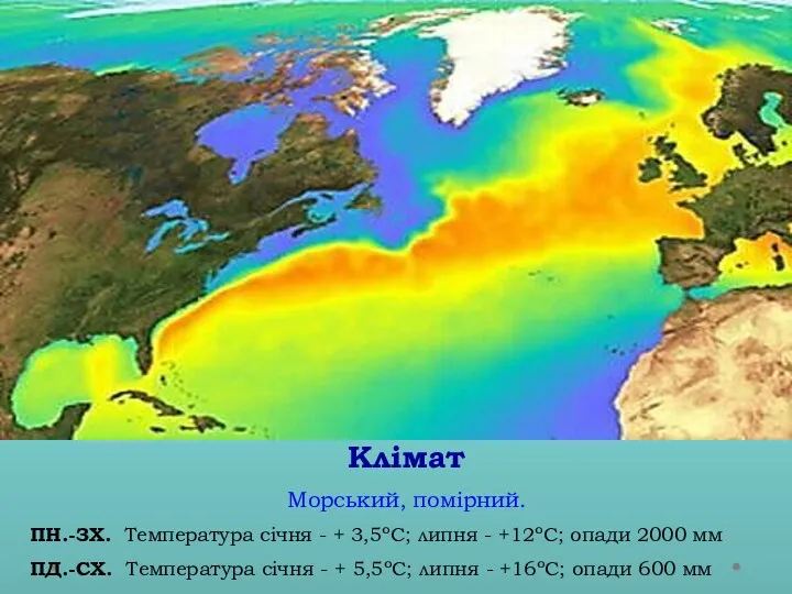 Клімат Морський, помірний. ПН.-ЗХ. Температура січня - + 3,5ºС; липня