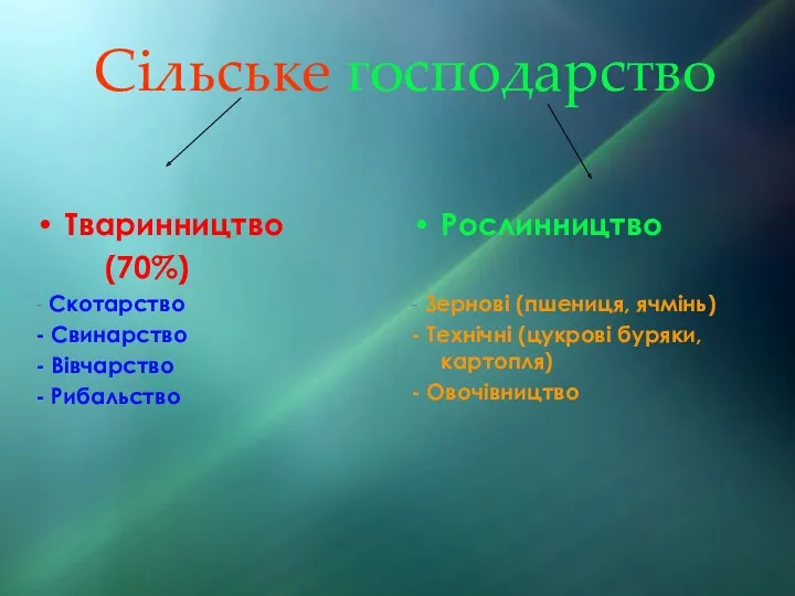 Сільське господарство Тваринництво (70%) - Скотарство - Свинарство - Вівчарство