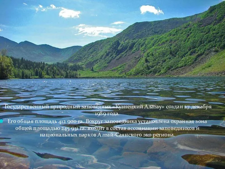 Государственный природный заповедник «Кузнецкий Алатау» создан 27 декабря 1989 года. Его общая площадь