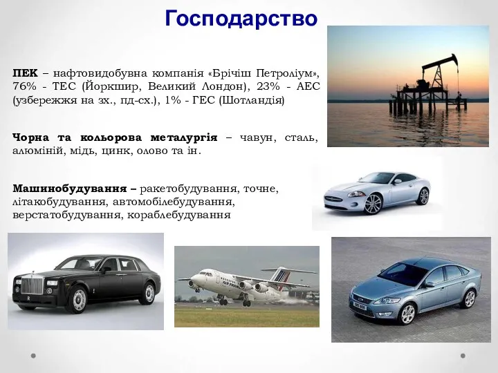 Господарство ПЕК – нафтовидобувна компанія «Брічіш Петроліум», 76% - ТЕС (Йоркшир, Великий Лондон),