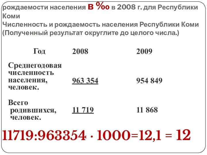 Используя данные таблицы, определите показатель рождаемости населения в ‰ в