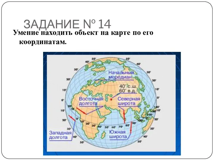 ЗАДАНИЕ № 14 Умение находить объект на карте по его координатам.