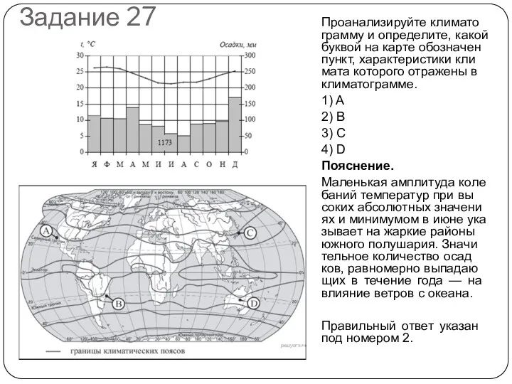 Задание 27 Про­ана­ли­зи­руй­те кли­ма­то­грам­му и опре­де­ли­те, какой бук­вой на карте