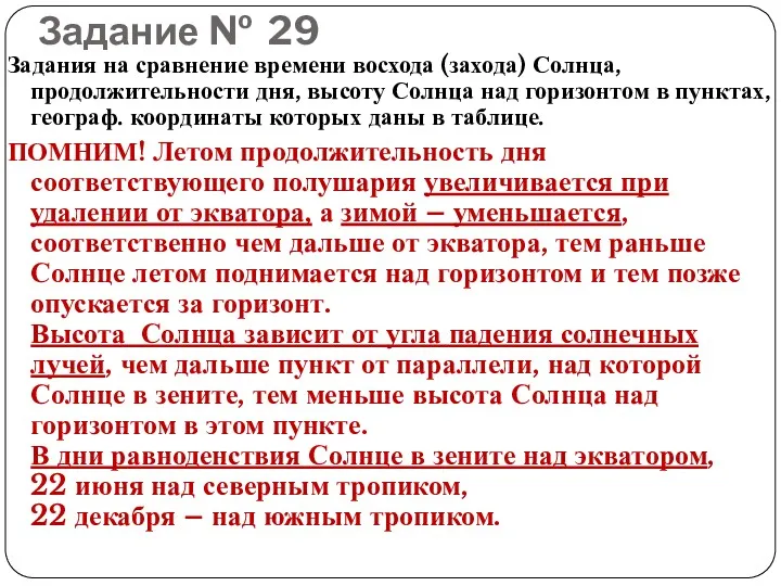 Задания на сравнение времени восхода (захода) Солнца, продолжительности дня, высоту