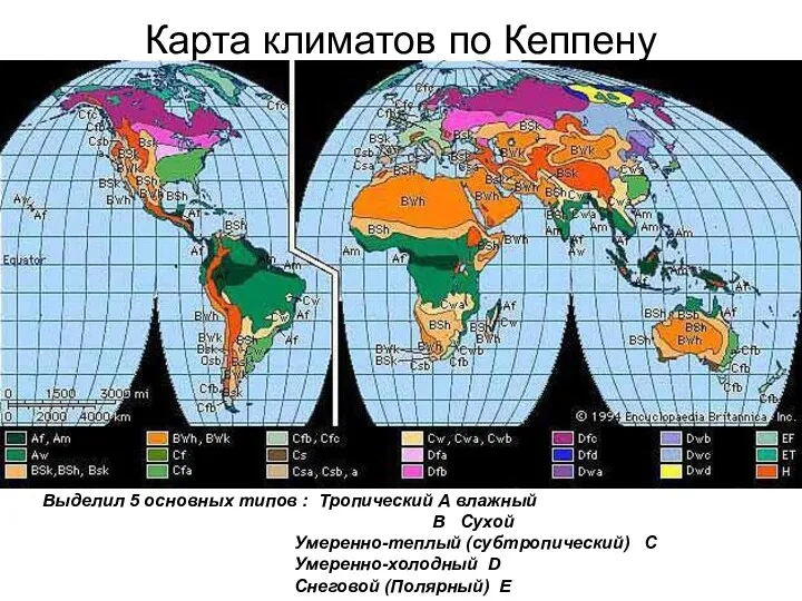 Карта климатов по Кеппену Выделил 5 основных типов : Тропический