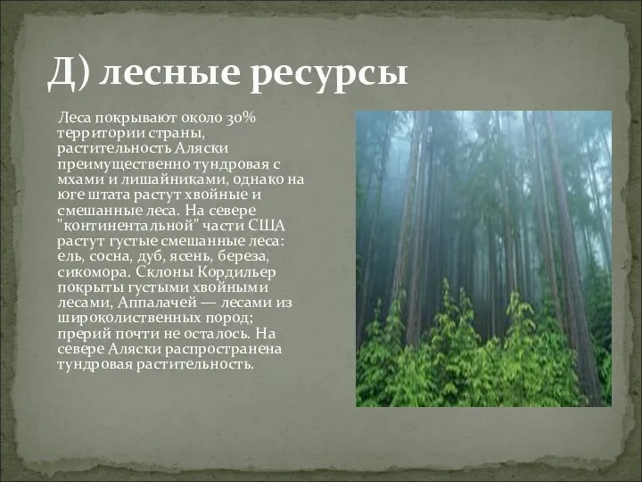Д) лесные ресурсы Леса покрывают около 30% территории страны, растительность