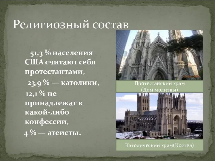Религиозный состав 51,3 % населения США считают себя протестантами, 23,9