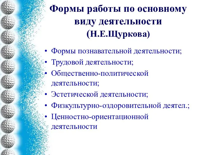 Формы работы по основному виду деятельности (Н.Е.Щуркова) Формы познавательной деятельности;