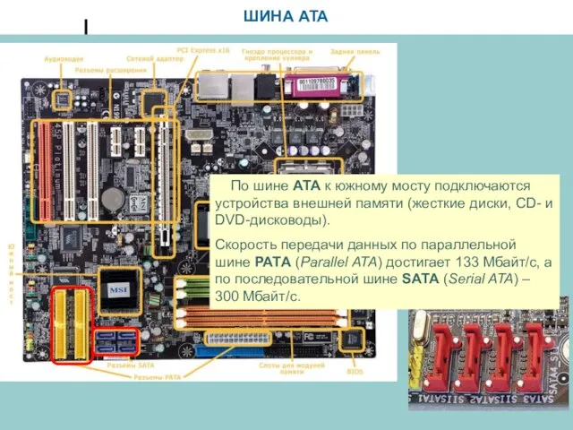 ШИНА ATA По шине АТА к южному мосту подключаются устройства