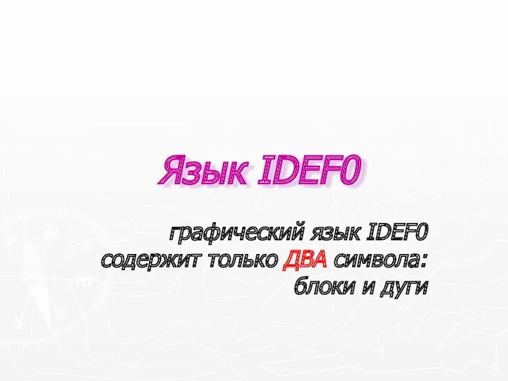 Язык IDEF0 графический язык IDEF0 содержит только ДВА символа: блоки и дуги