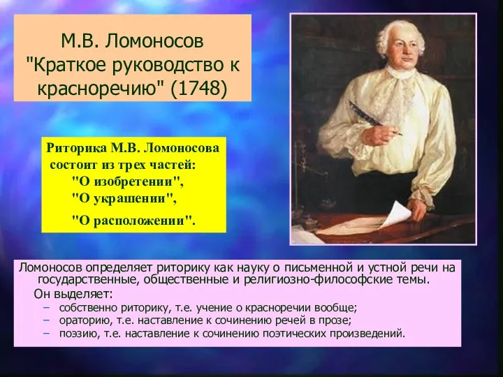 М.В. Ломоносов "Краткое руководство к красноречию" (1748) Ломоносов определяет риторику